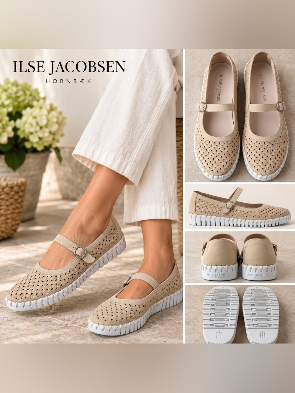 Ilse Jacobsen Tulip 3476 Mary Jane Flats Beige Laser Cut EU 40 US 9